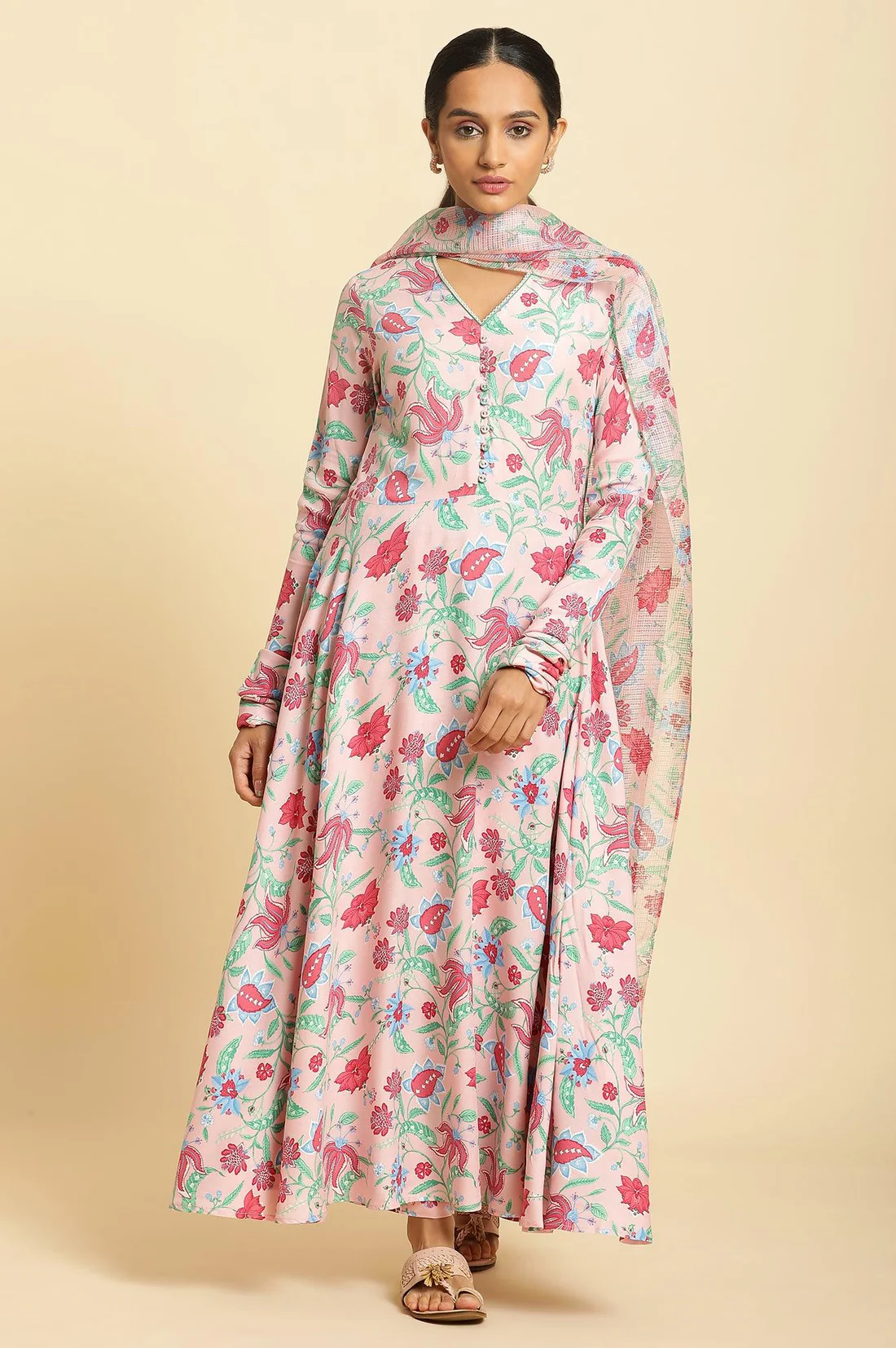 Flamingo Pink Floral Printed Anarkali Kurta